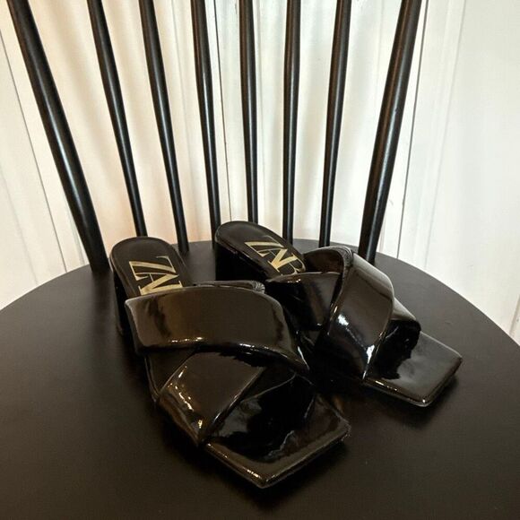Zara black patent block heel sandals size 6 - Picture 3 of 12